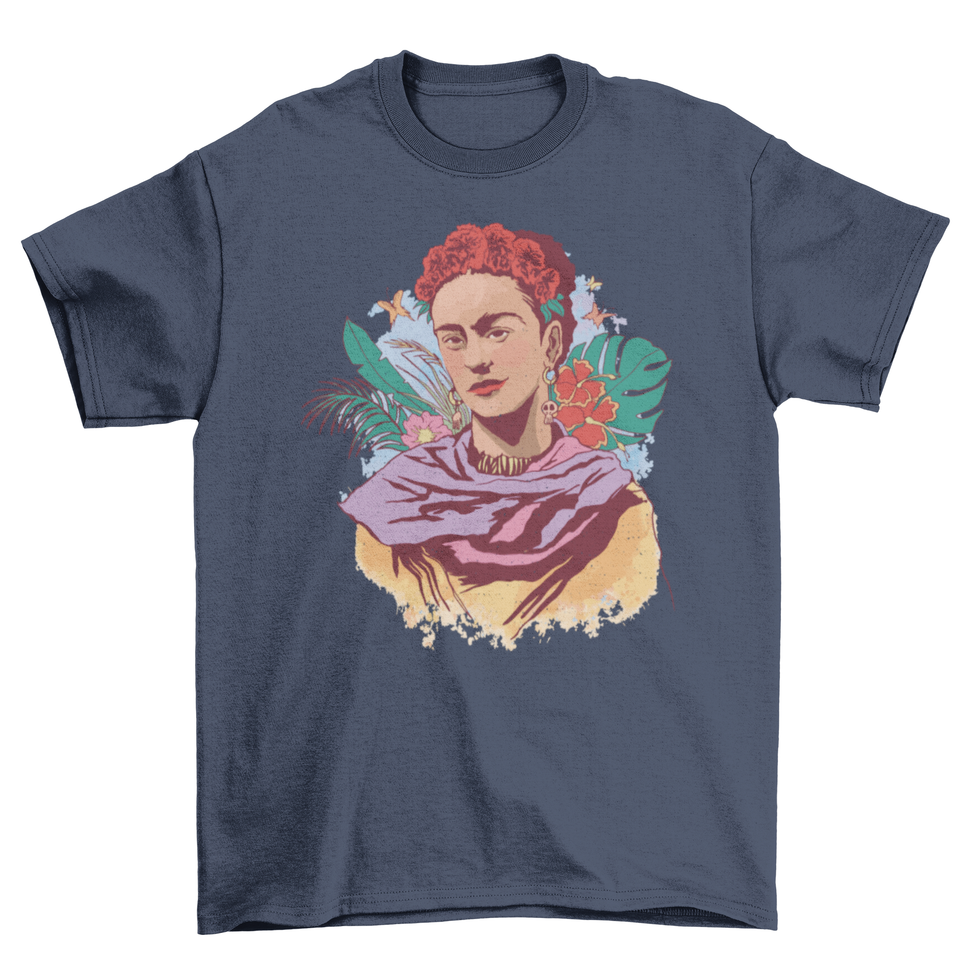 A vibrant t-shirt featuring a full-color portrait of Frida Kahlo, showcasing her iconic style and artistic spirit.