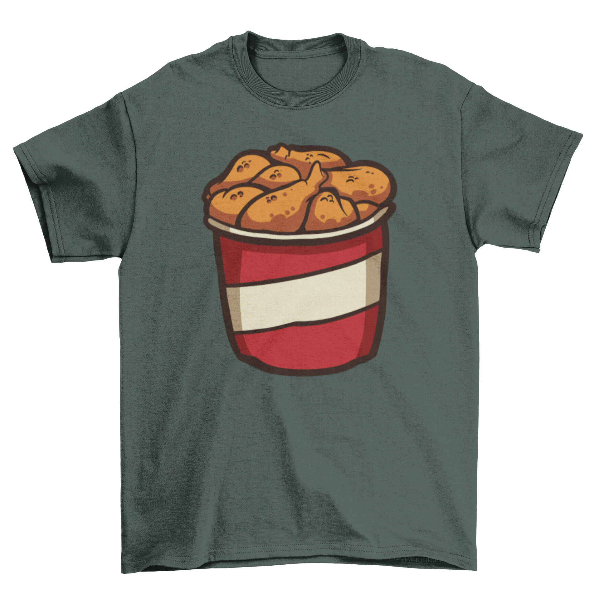 A stylish Fried Chicken T-Shirt featuring a colorful design of a bucket of fried chicken, perfect for food lovers.