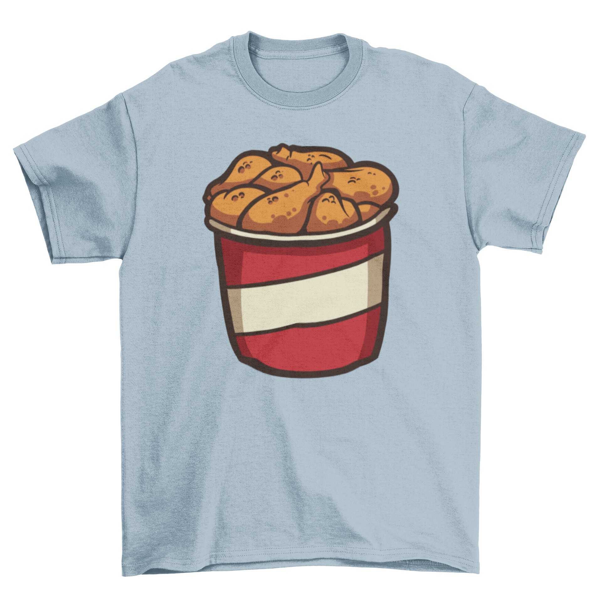 A stylish Fried Chicken T-Shirt featuring a colorful design of a bucket of fried chicken, perfect for food lovers.