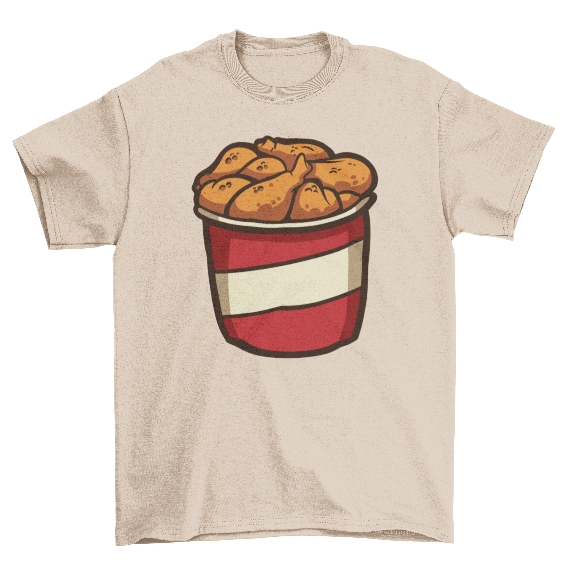 A stylish Fried Chicken T-Shirt featuring a colorful design of a bucket of fried chicken, perfect for food lovers.