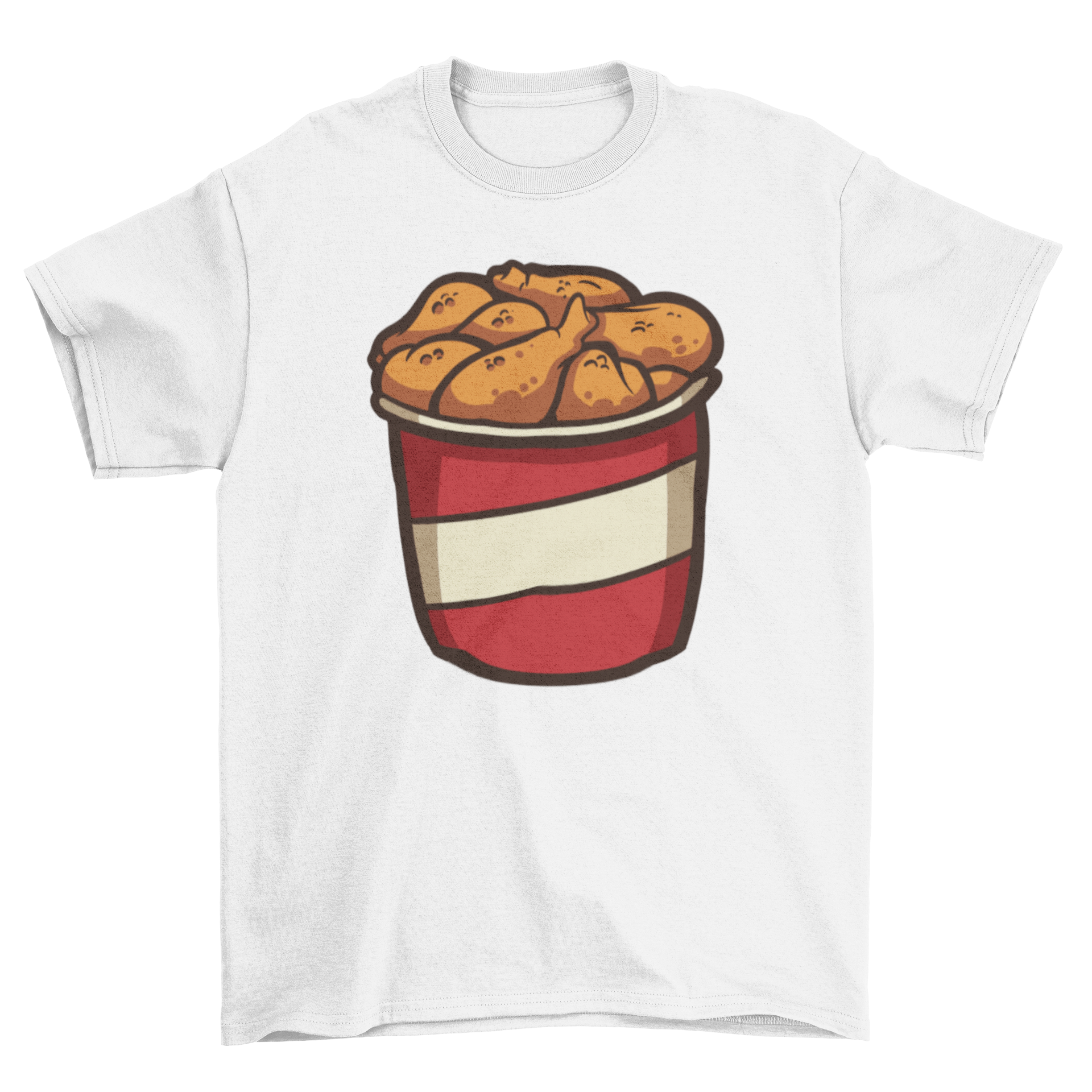 A stylish Fried Chicken T-Shirt featuring a colorful design of a bucket of fried chicken, perfect for food lovers.