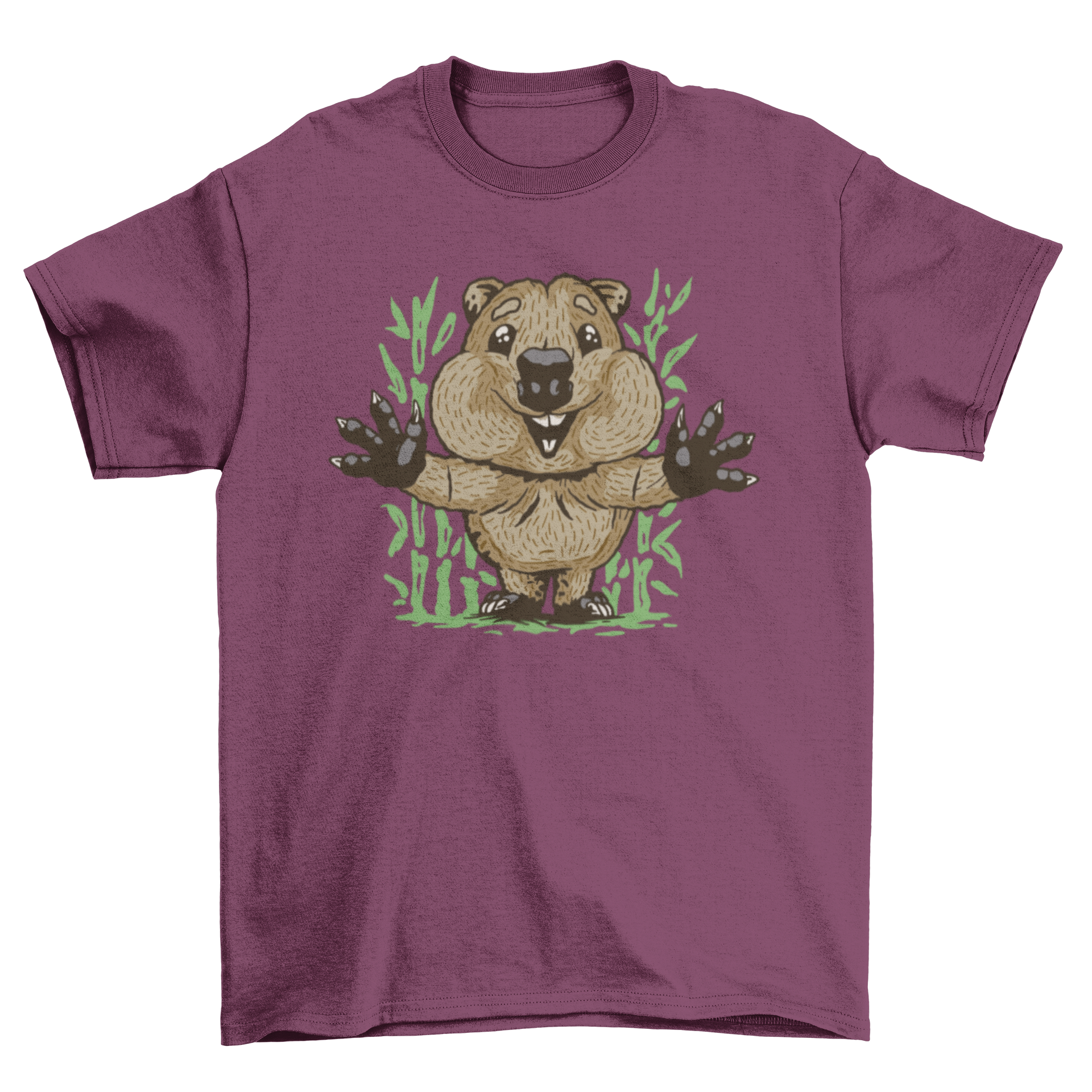 A soft t-shirt featuring a cute huggy quokka design, perfect for animal lovers.