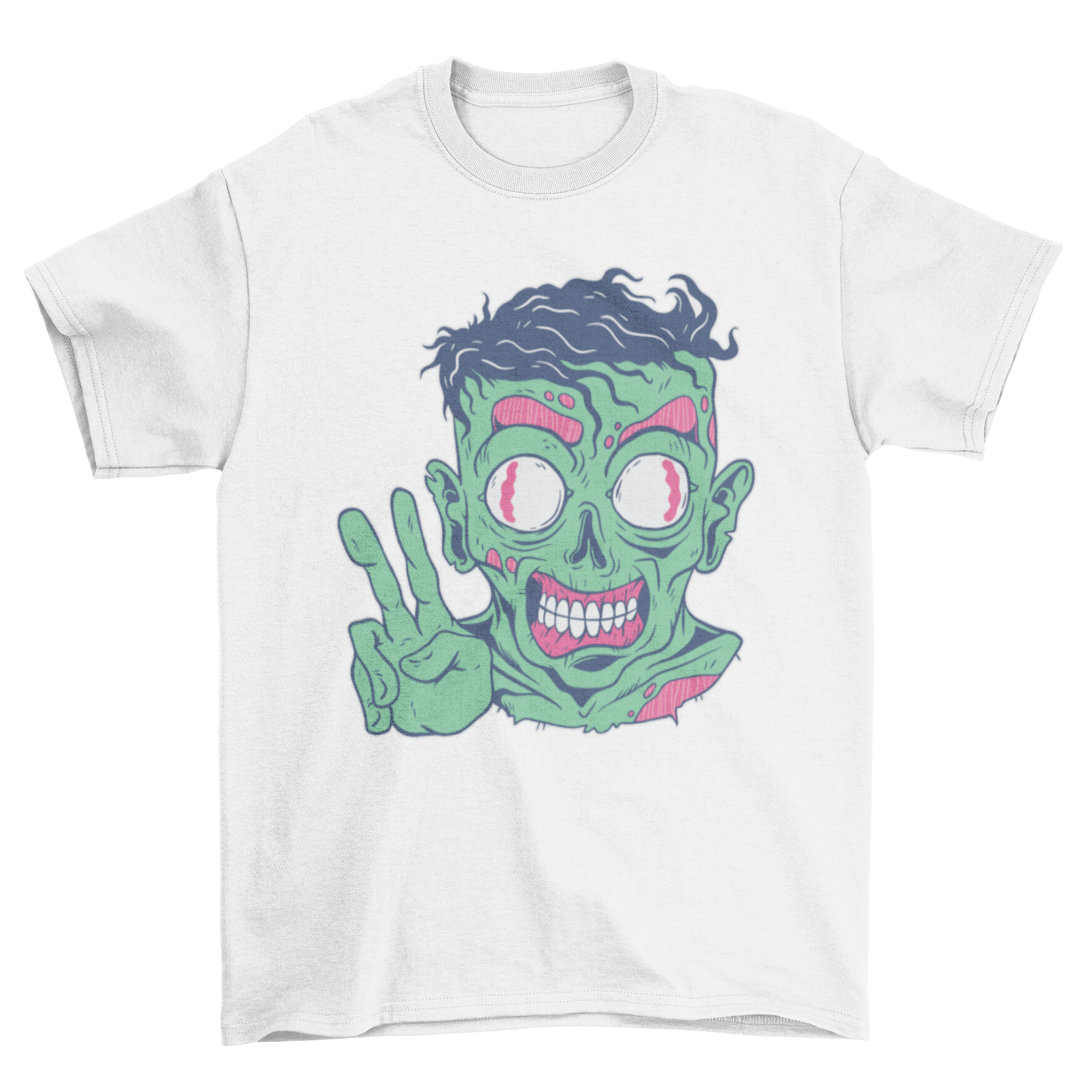 Friendly Zombie T-shirt featuring a colorful zombie making a peace sign, perfect for casual wear.