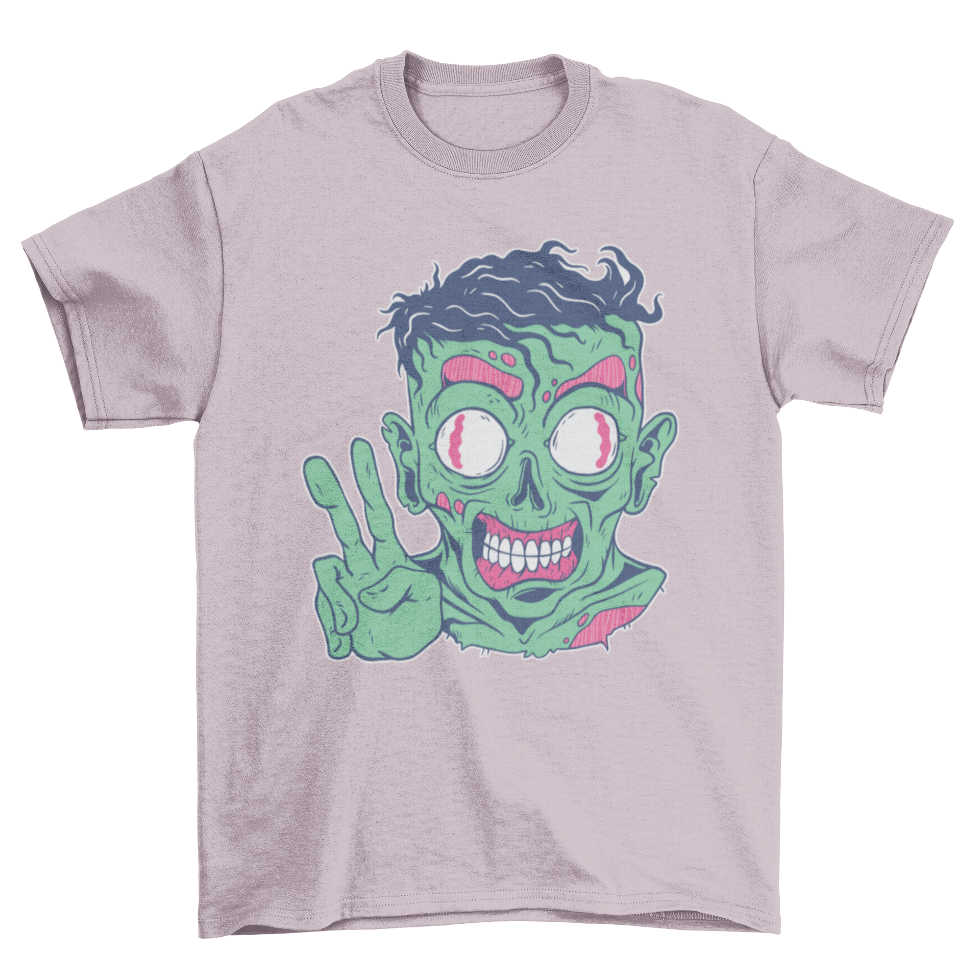 Friendly Zombie T-shirt featuring a colorful zombie making a peace sign, perfect for casual wear.