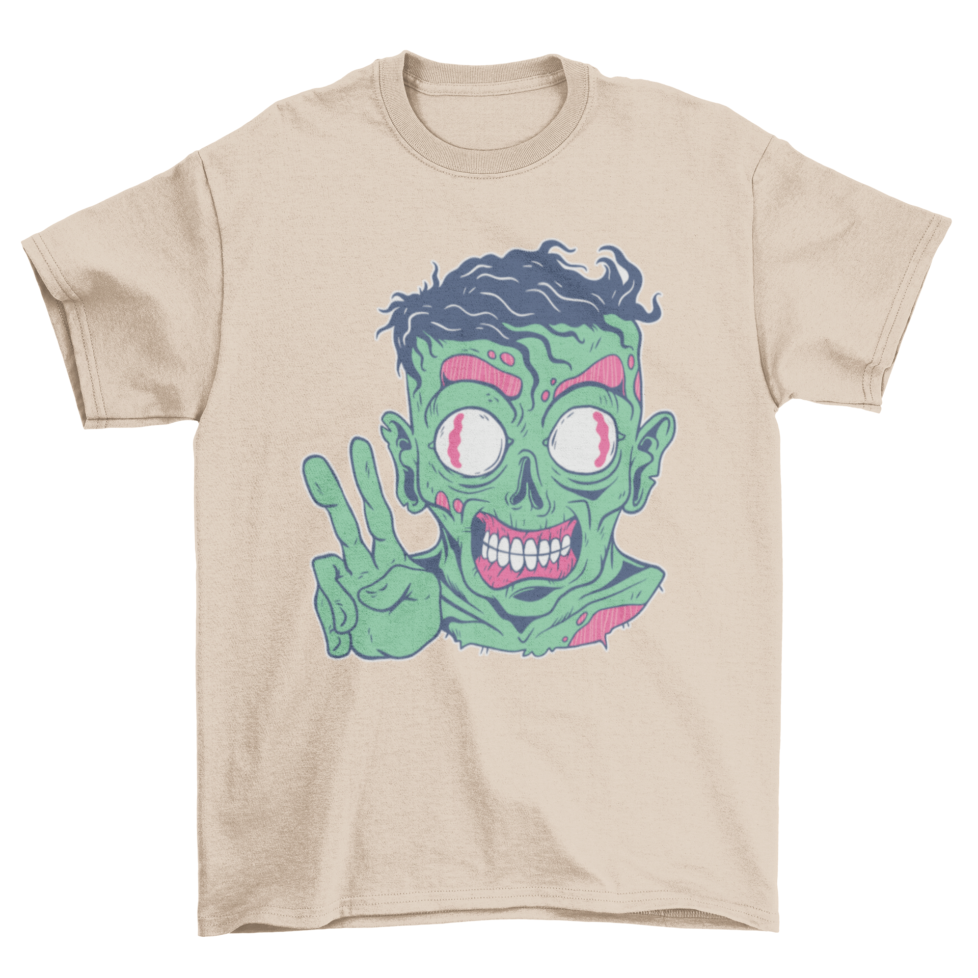 Friendly Zombie T-shirt featuring a colorful zombie making a peace sign, perfect for casual wear.