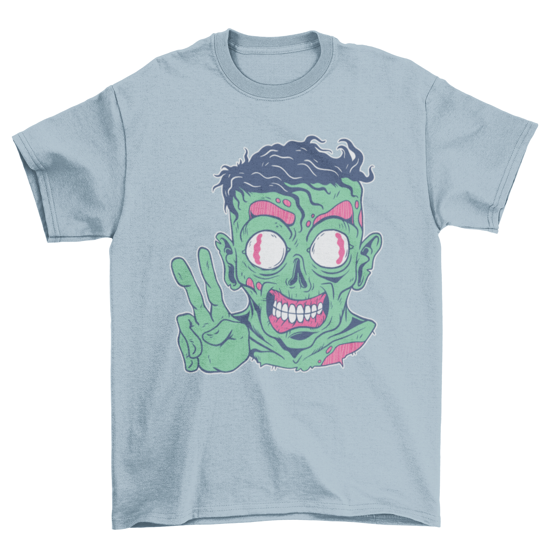 Friendly Zombie T-shirt featuring a colorful zombie making a peace sign, perfect for casual wear.