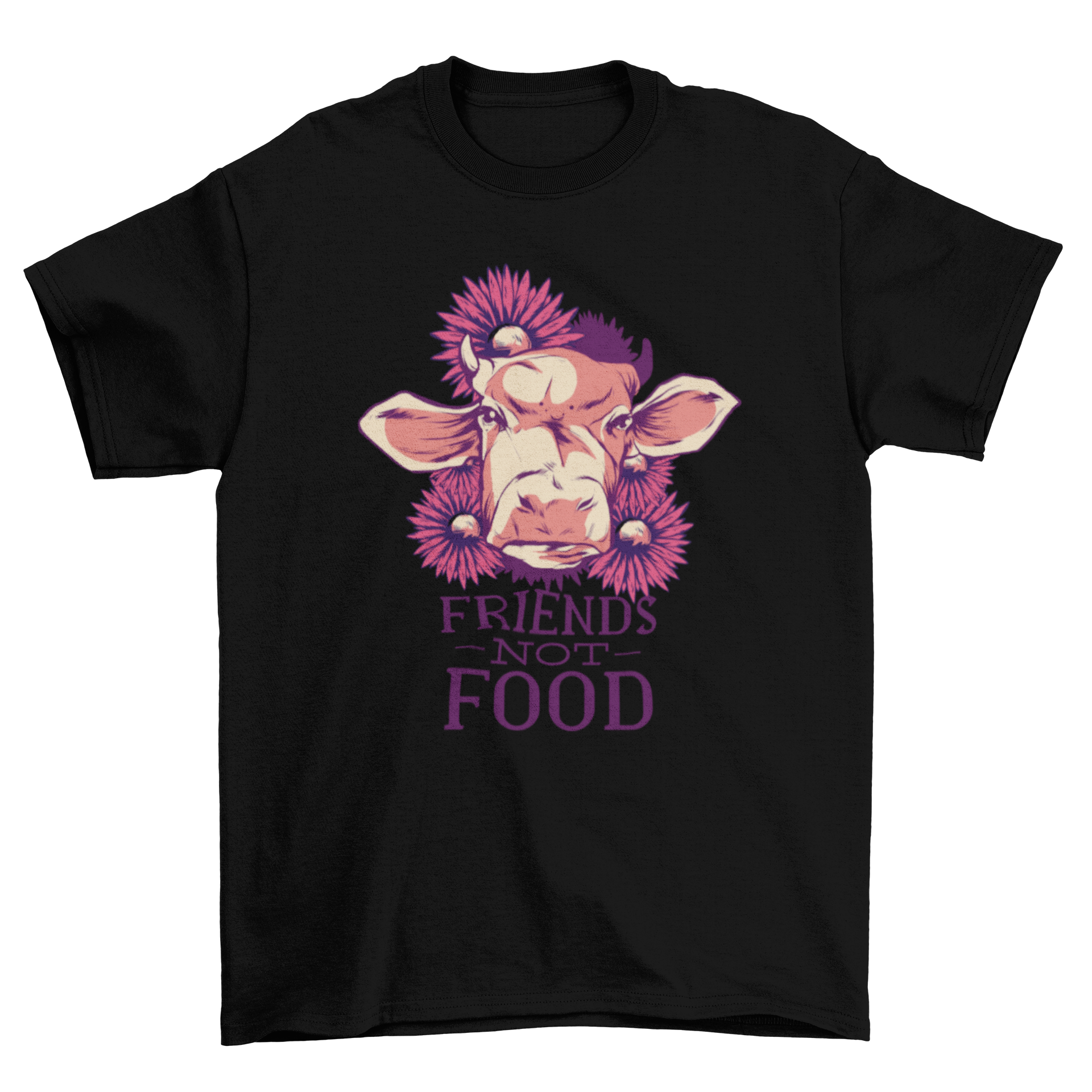 Friends Not Food T-Shirt featuring a cow illustration surrounded by flowers and the text 'Friends Not Food'.