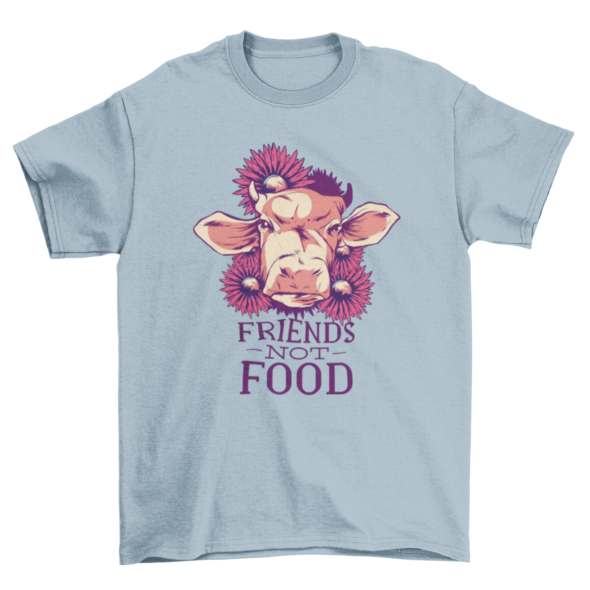 Friends Not Food T-Shirt featuring a cow illustration surrounded by flowers and the text 'Friends Not Food'.