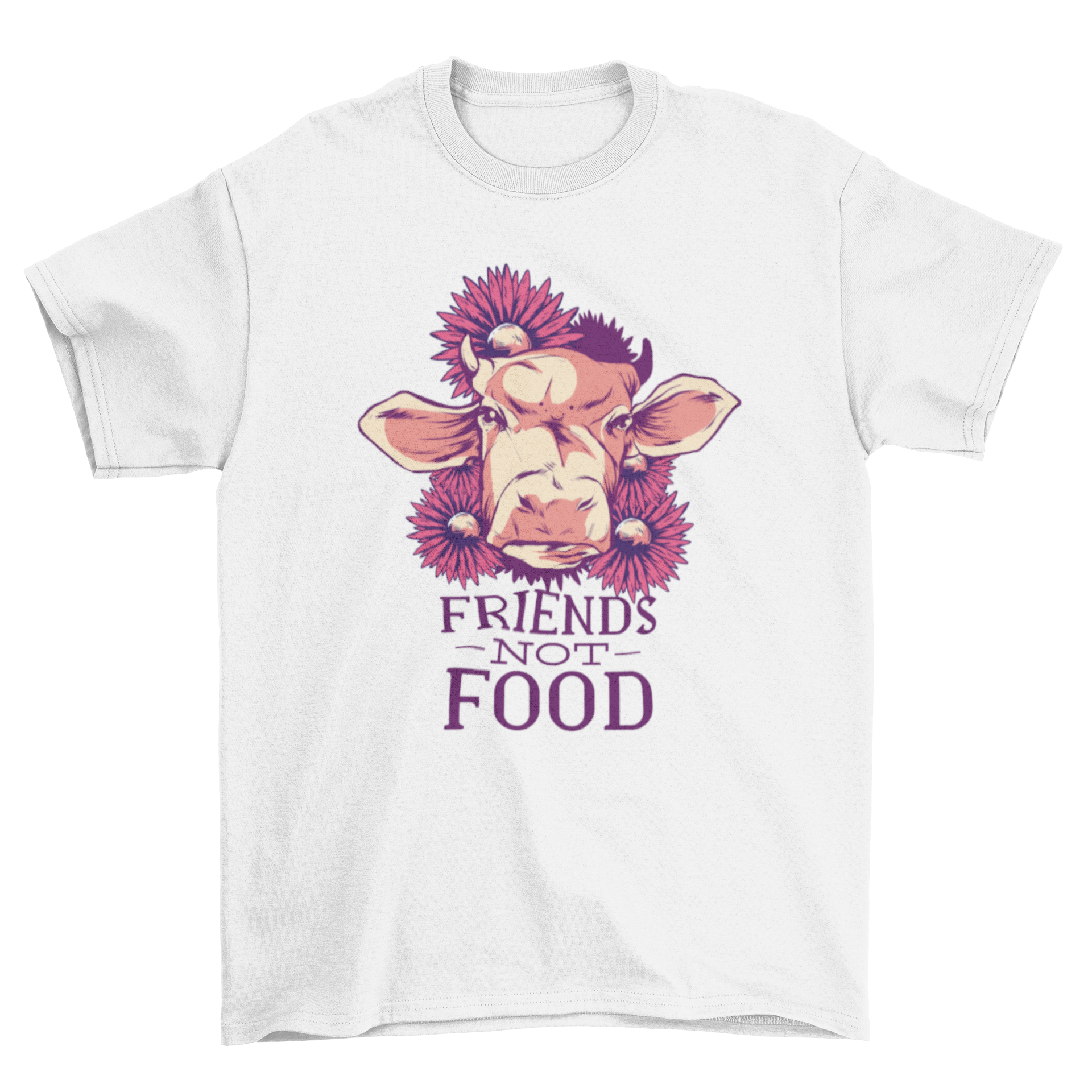 Friends Not Food T-Shirt featuring a cow illustration surrounded by flowers and the text 'Friends Not Food'.