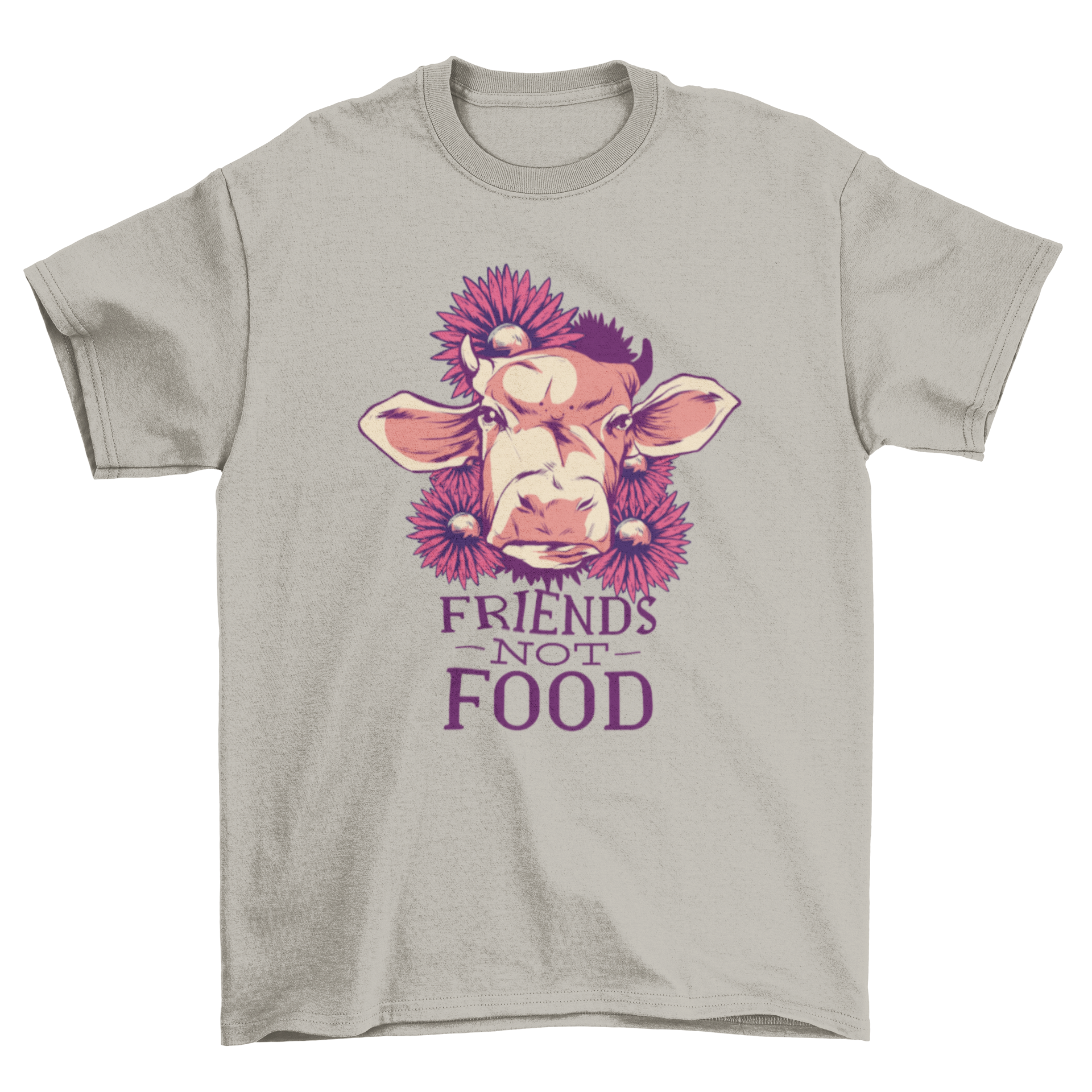 Friends Not Food T-Shirt featuring a cow illustration surrounded by flowers and the text 'Friends Not Food'.