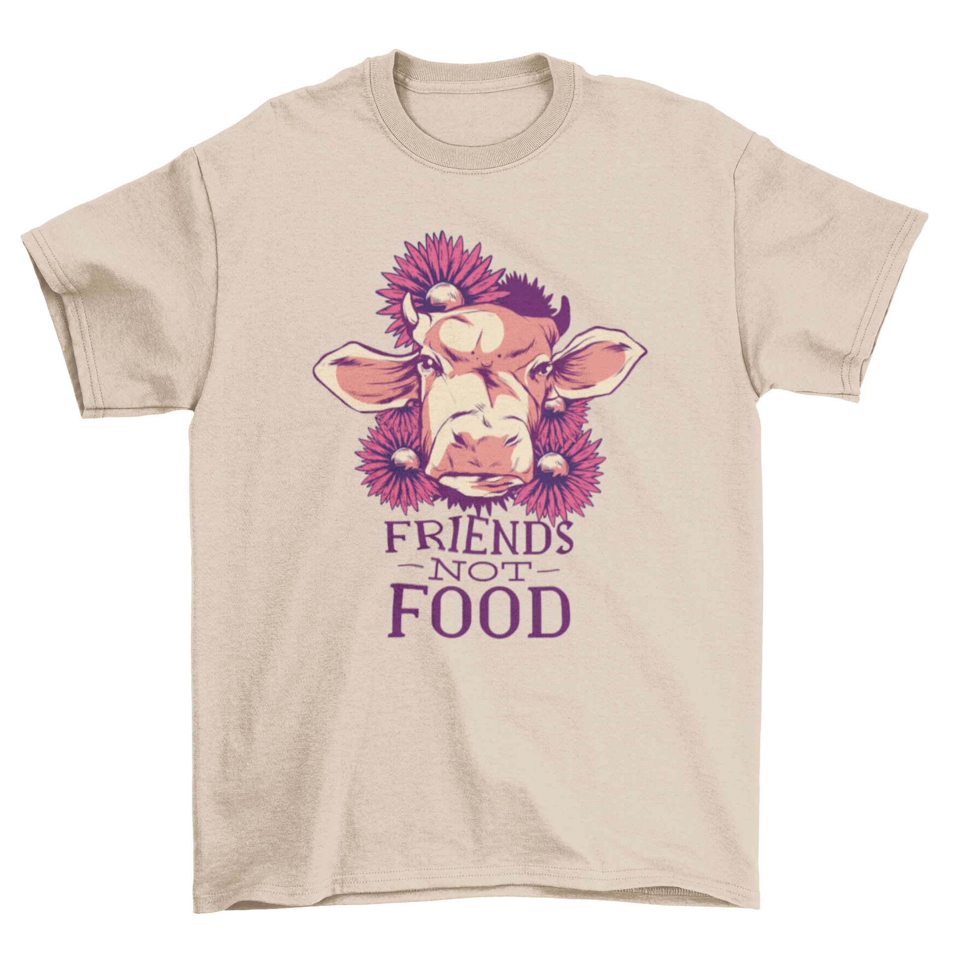 Friends Not Food T-Shirt featuring a cow illustration surrounded by flowers and the text 'Friends Not Food'.