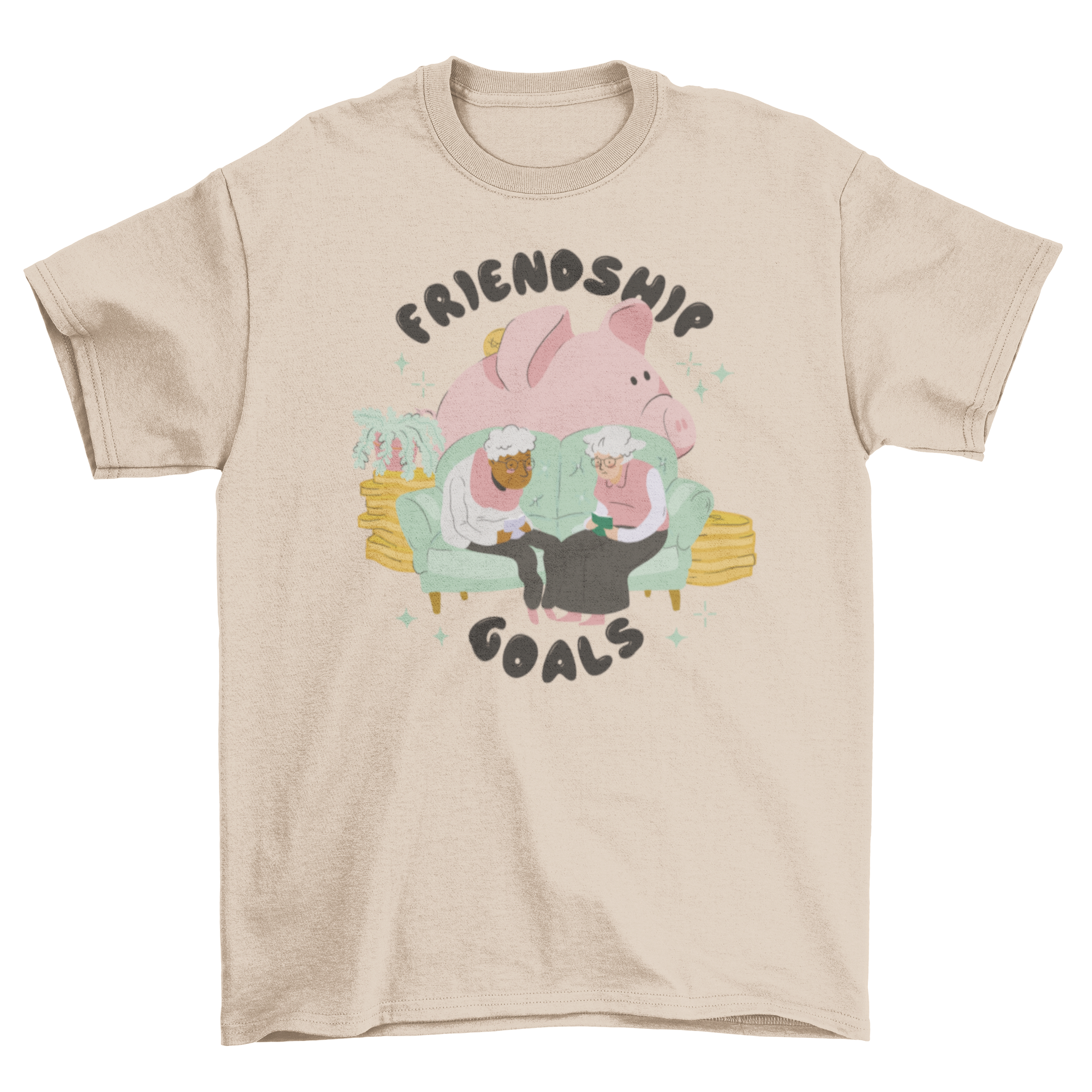 A friendship goals t-shirt featuring two elderly girls smiling together with the quote 'Friendship goals'.