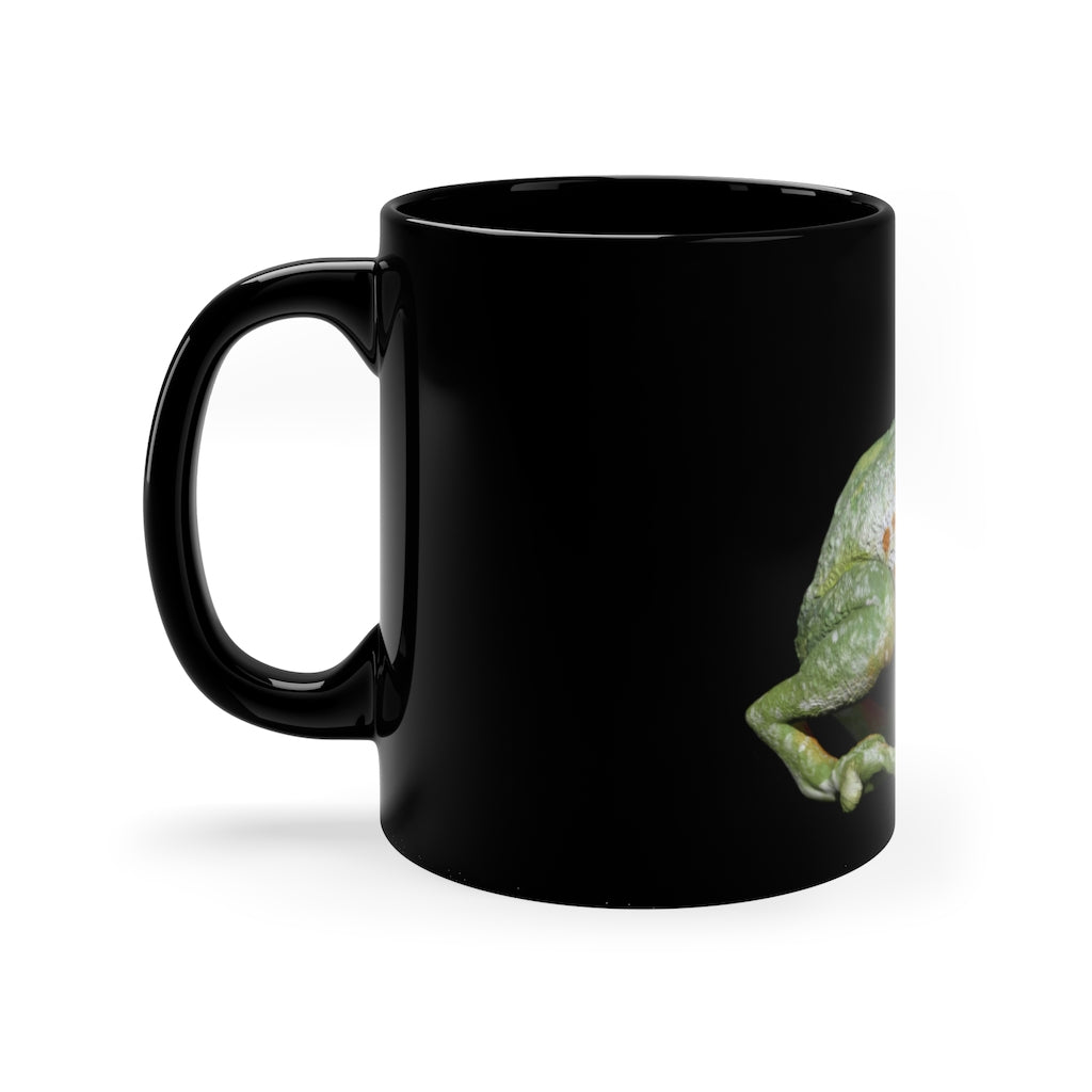 Frog 11oz black ceramic mug with a C-handle, perfect for coffee, tea, or hot chocolate, featuring customizable design options.