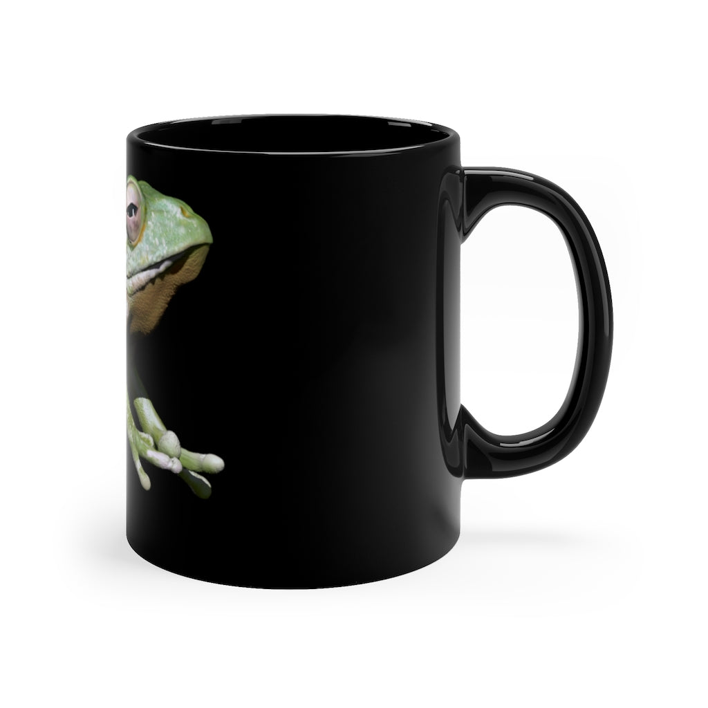 Frog 11oz black ceramic mug with a C-handle, perfect for coffee, tea, or hot chocolate, featuring customizable design options.