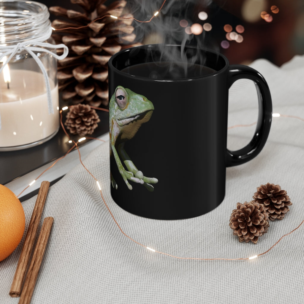 Frog 11oz black ceramic mug with a C-handle, perfect for coffee, tea, or hot chocolate, featuring customizable design options.