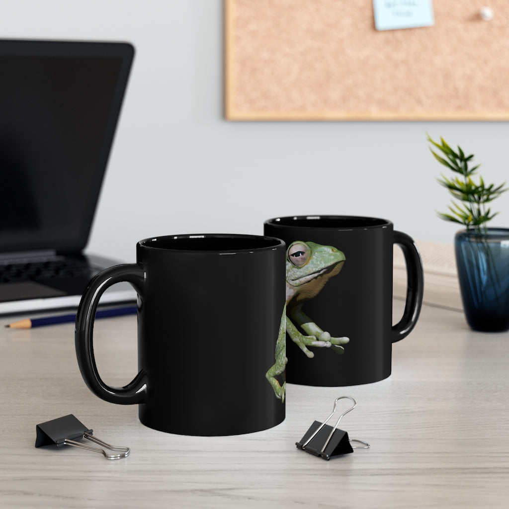 Frog 11oz black ceramic mug with a C-handle, perfect for coffee, tea, or hot chocolate, featuring customizable design options.