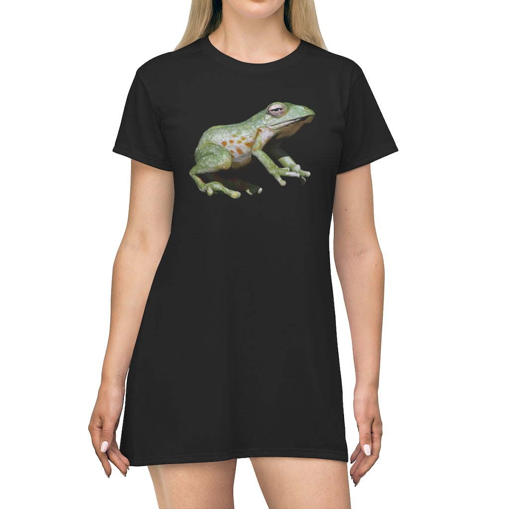 Frog All Over Print T-Shirt Dress featuring a vibrant frog design on a lightweight fabric.