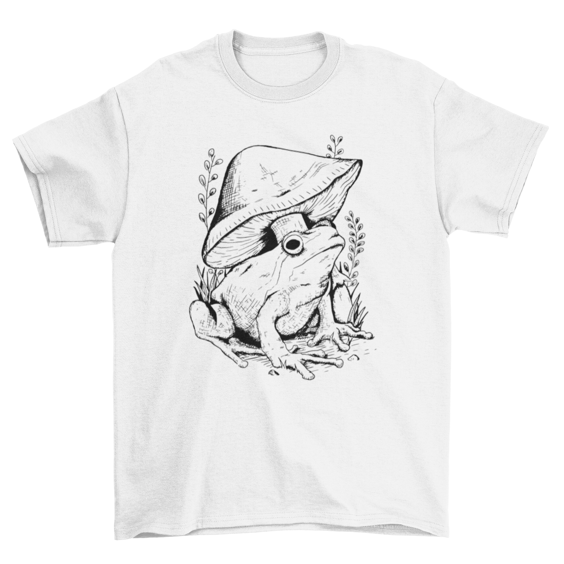 A stylish t-shirt featuring a minimalist line art design of a frog, mushroom, and plants, perfect for nature lovers.