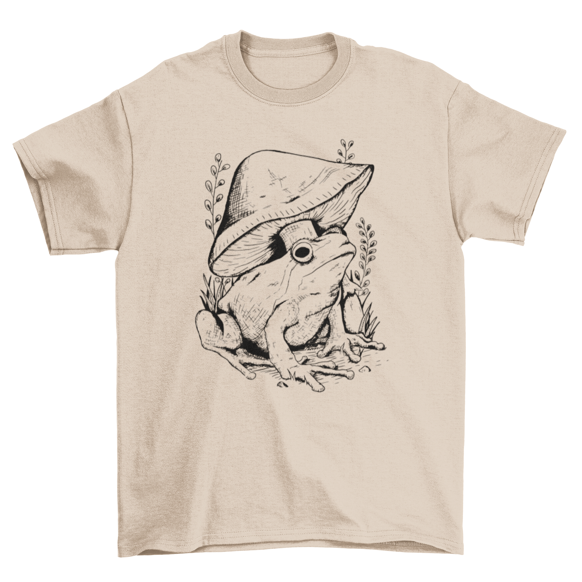 A stylish t-shirt featuring a minimalist line art design of a frog, mushroom, and plants, perfect for nature lovers.