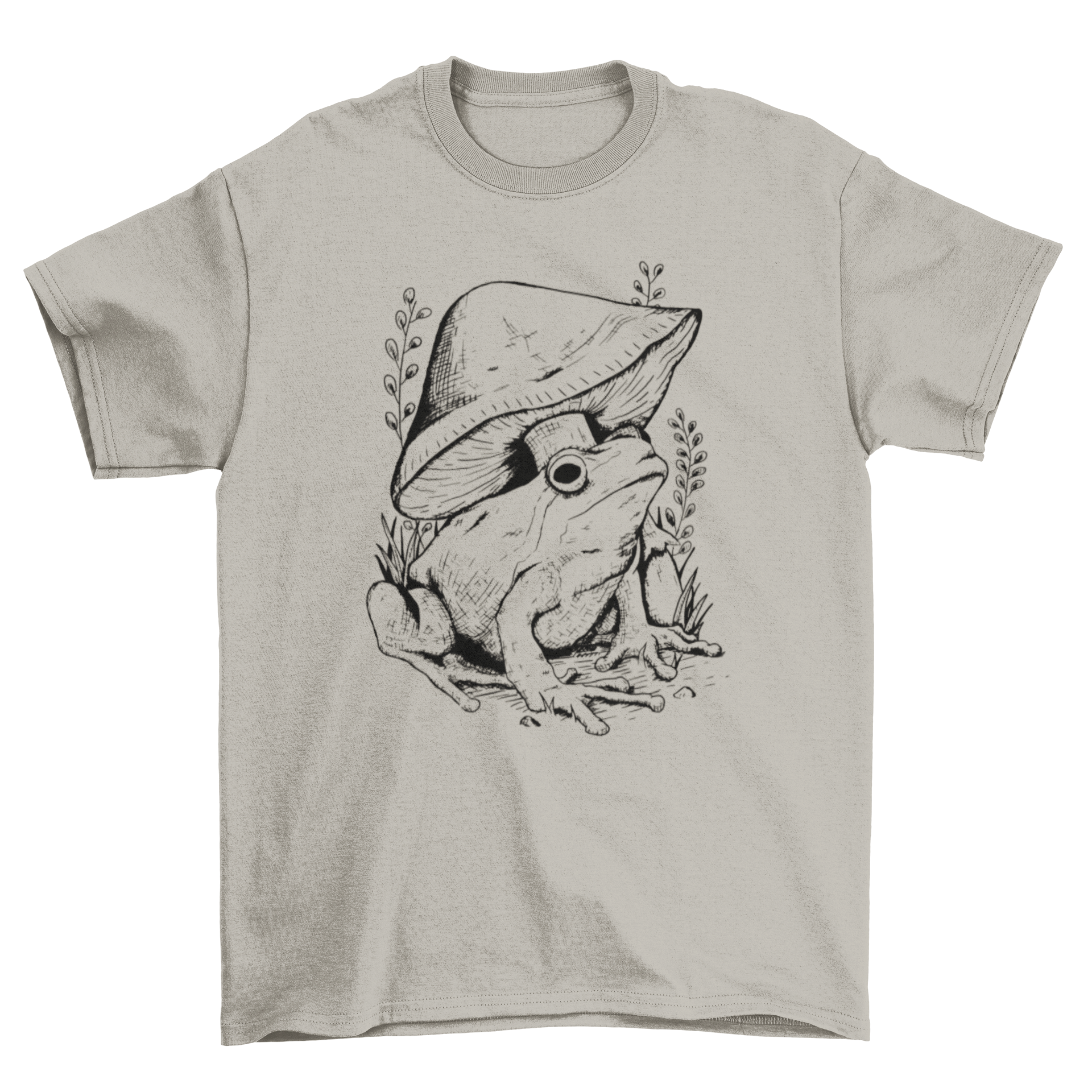 A stylish t-shirt featuring a minimalist line art design of a frog, mushroom, and plants, perfect for nature lovers.