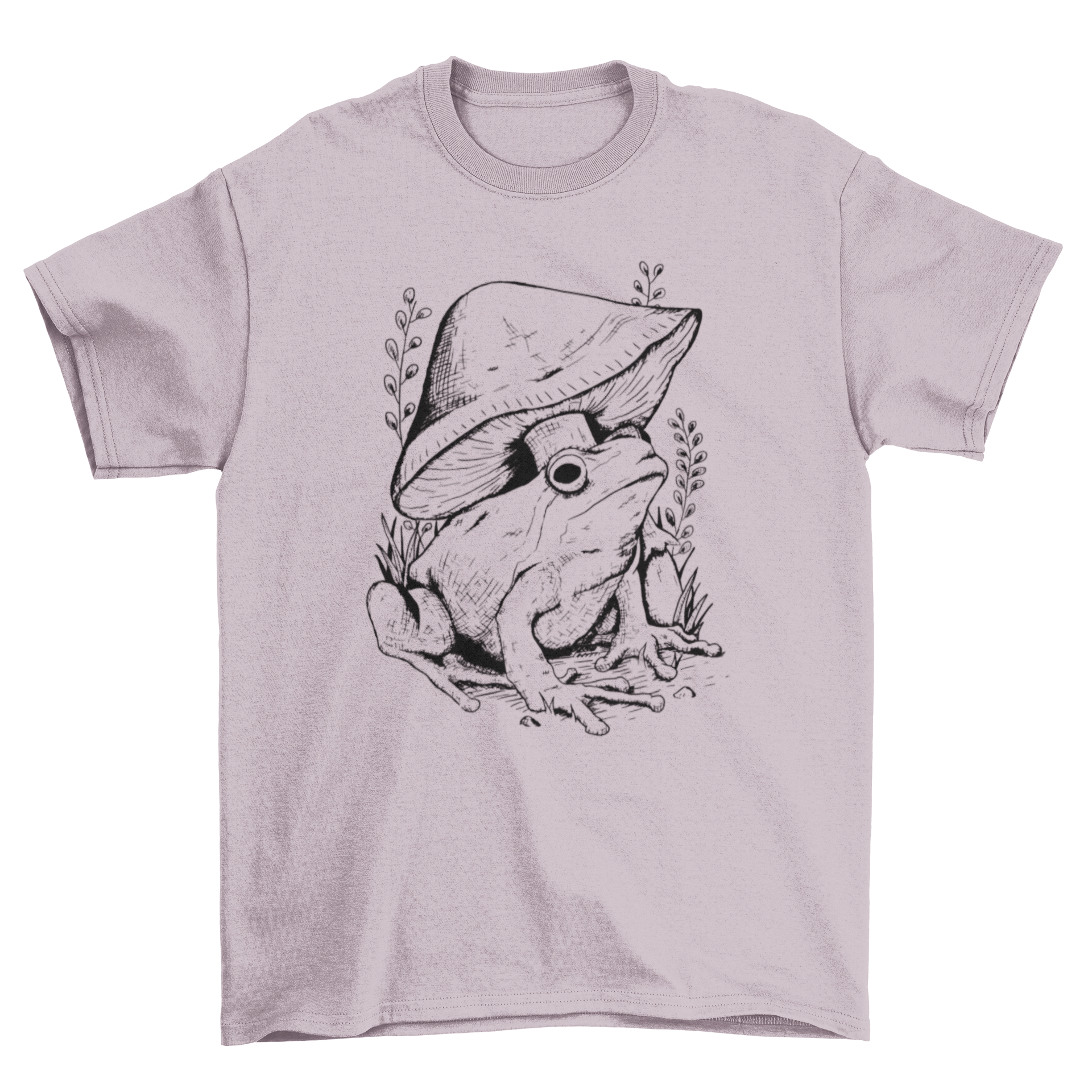 A stylish t-shirt featuring a minimalist line art design of a frog, mushroom, and plants, perfect for nature lovers.