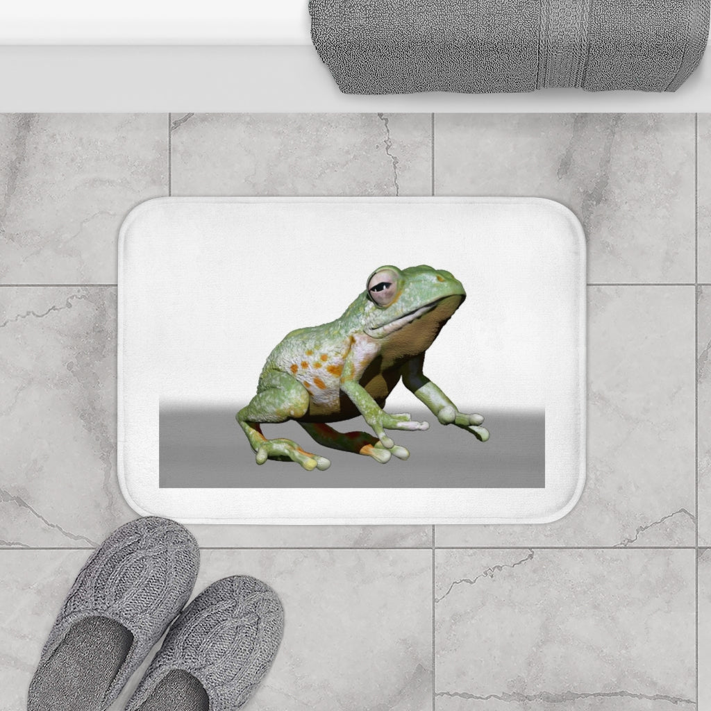 A colorful frog bath mat with anti-slip backing, featuring a playful frog design, perfect for bathroom decor.