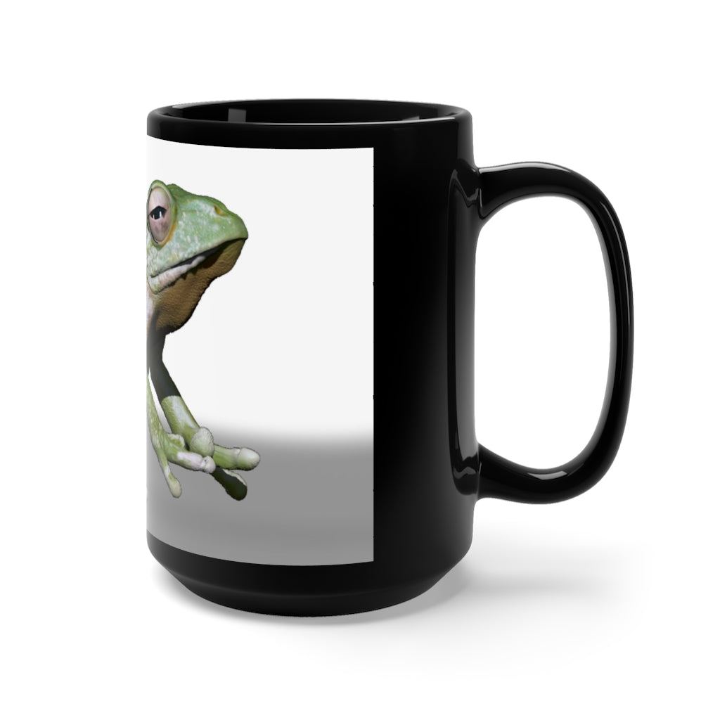 Frog Black Mug 15oz, a stylish black ceramic mug with a C-handle, perfect for coffee and tea lovers.