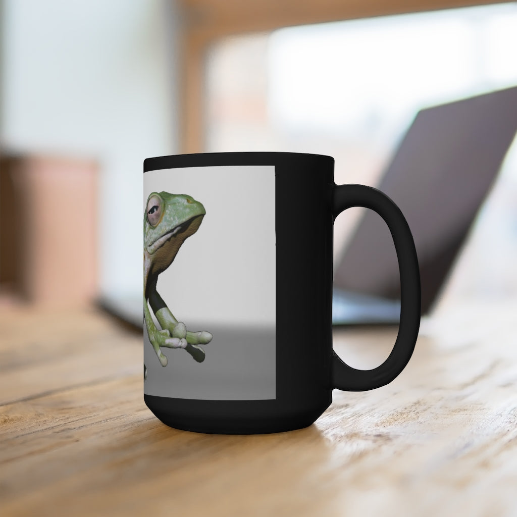 Frog Black Mug 15oz, a stylish black ceramic mug with a C-handle, perfect for coffee and tea lovers.