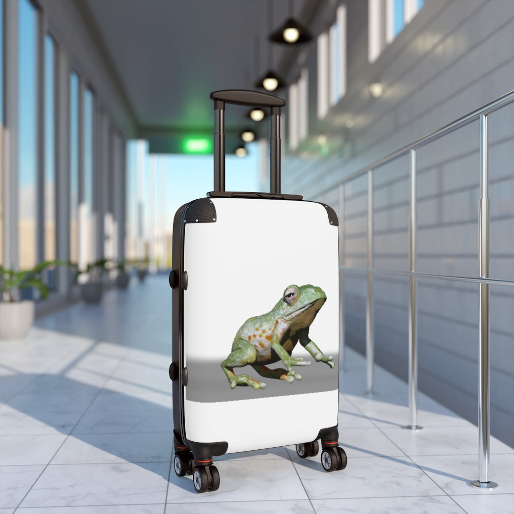 Frog Cabin Suitcase featuring personalized faux leather design, adjustable handle, and double wheels for easy travel.