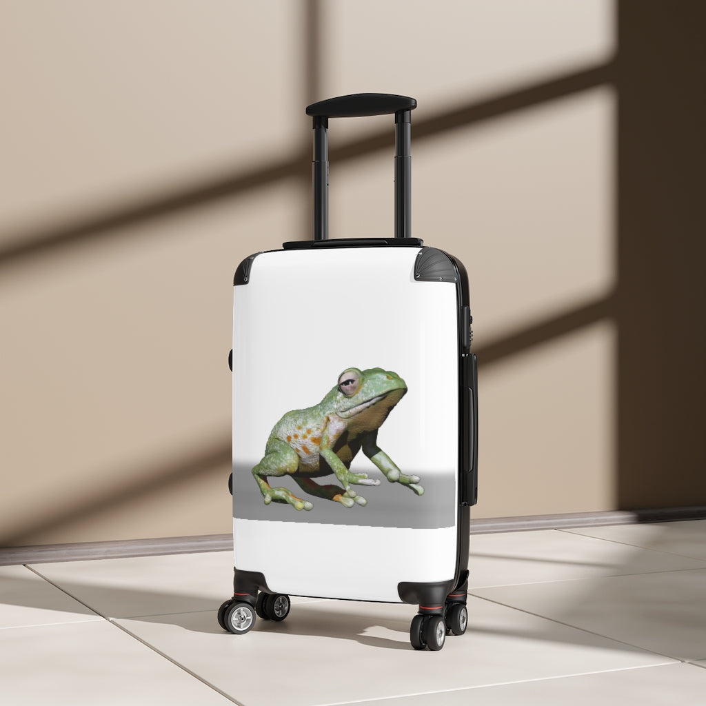 Frog Cabin Suitcase featuring personalized faux leather design, adjustable handle, and double wheels for easy travel.