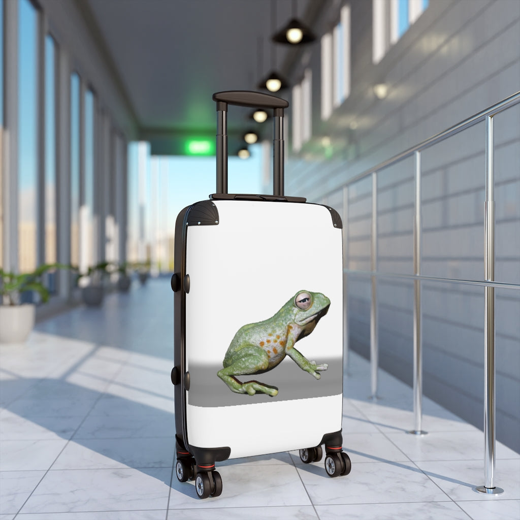 Frog Cabin Suitcase featuring personalized design, adjustable handle, and durable faux leather material.