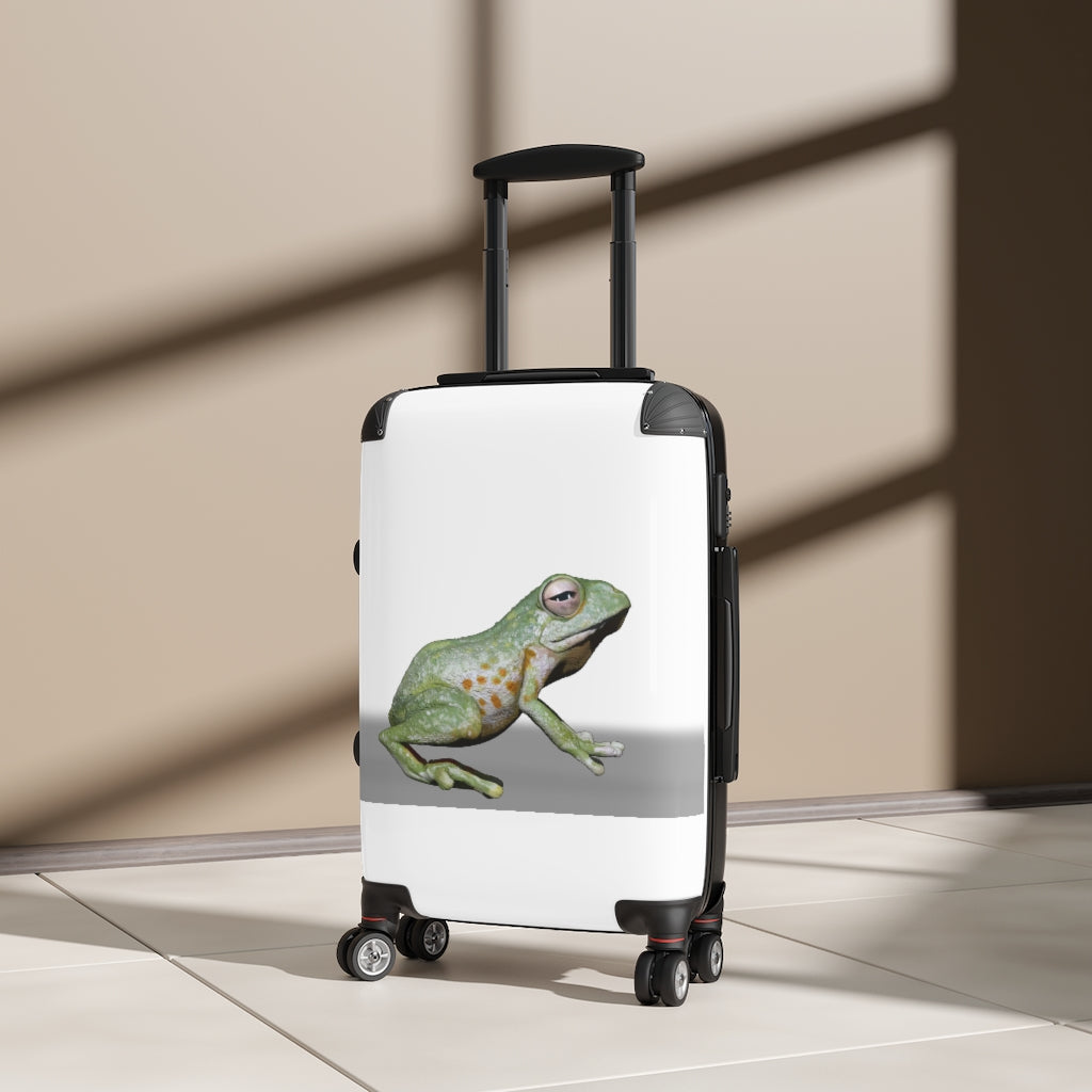 Frog Cabin Suitcase featuring personalized design, adjustable handle, and durable faux leather material.