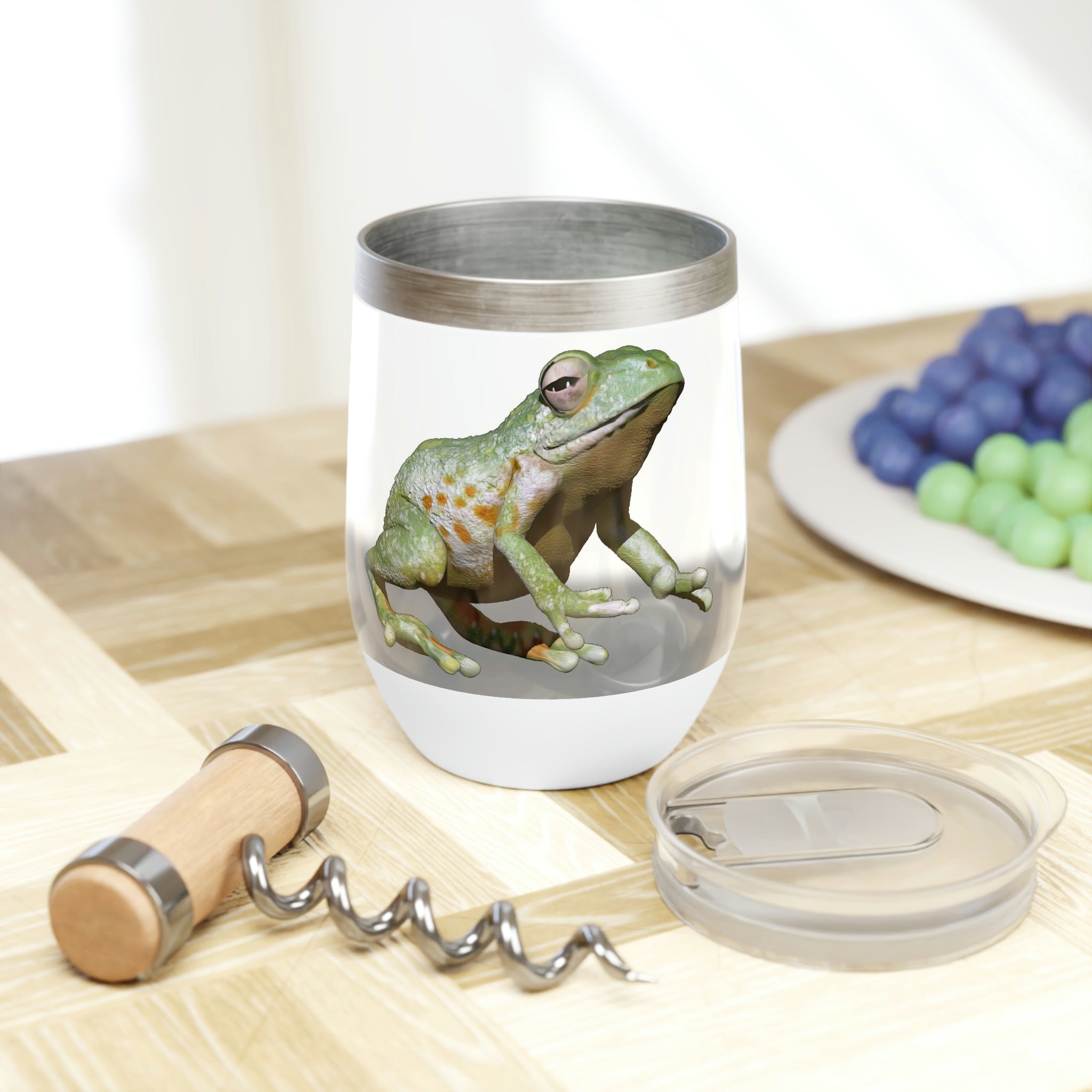 Frog Chill Wine Tumbler in stainless steel with a customizable design, perfect for keeping beverages at the ideal temperature.