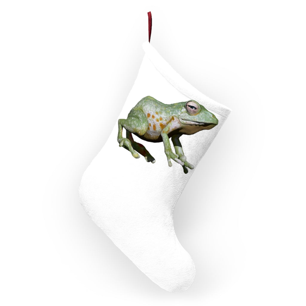 A cozy Frog Christmas Stocking made of soft polyester fleece, featuring a festive design and a twill ribbon hanging loop.