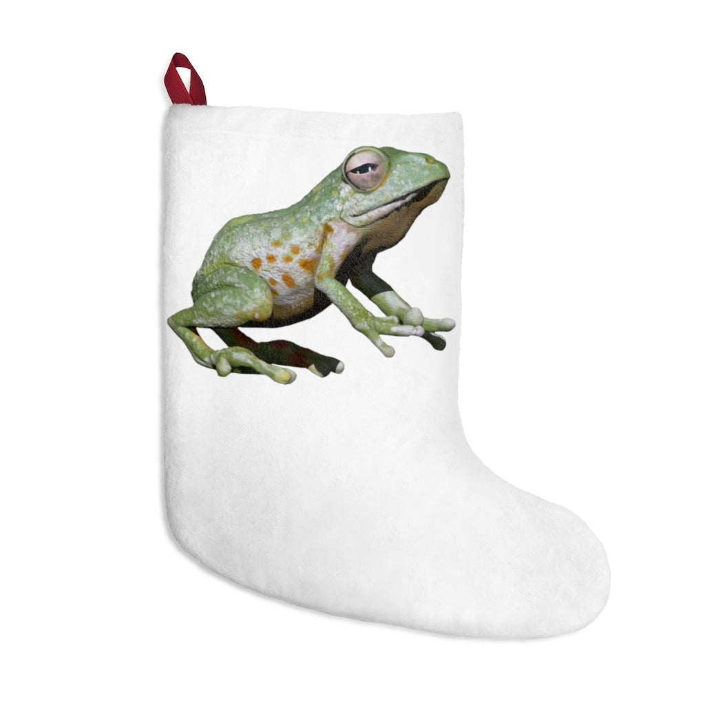 A cozy Frog Christmas Stocking made of soft polyester fleece, featuring a festive design and a twill ribbon hanging loop.