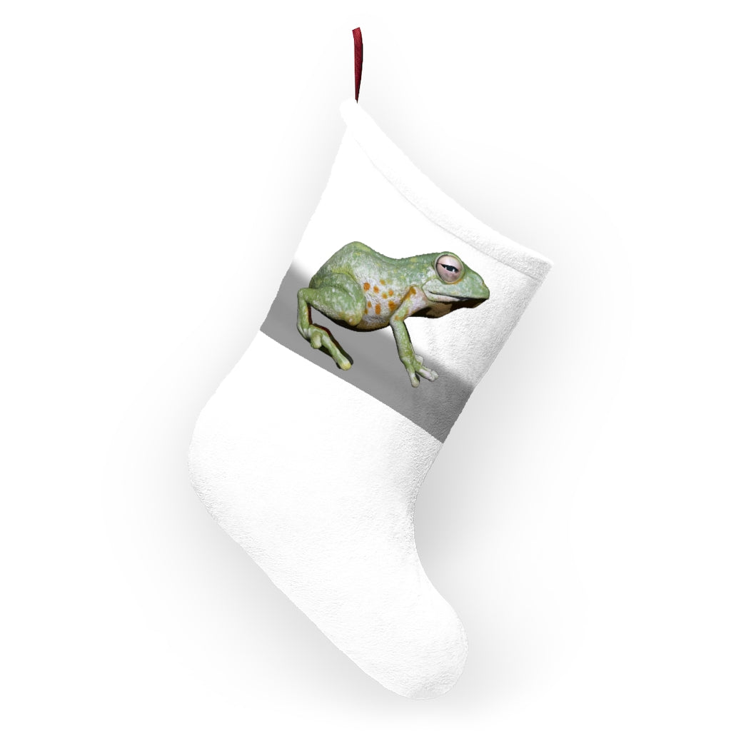 A cozy Frog Christmas Stocking made of soft polyester fleece, featuring a festive design and a twill ribbon hanging loop.