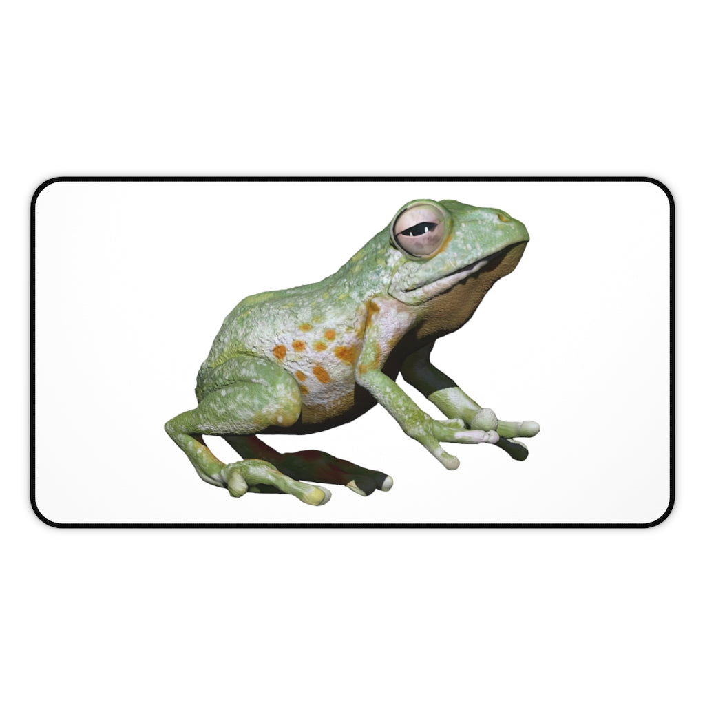 A vibrant Frog Desk Mat featuring a customizable design, made of durable neoprene with anti-slip backing, perfect for home or office use.