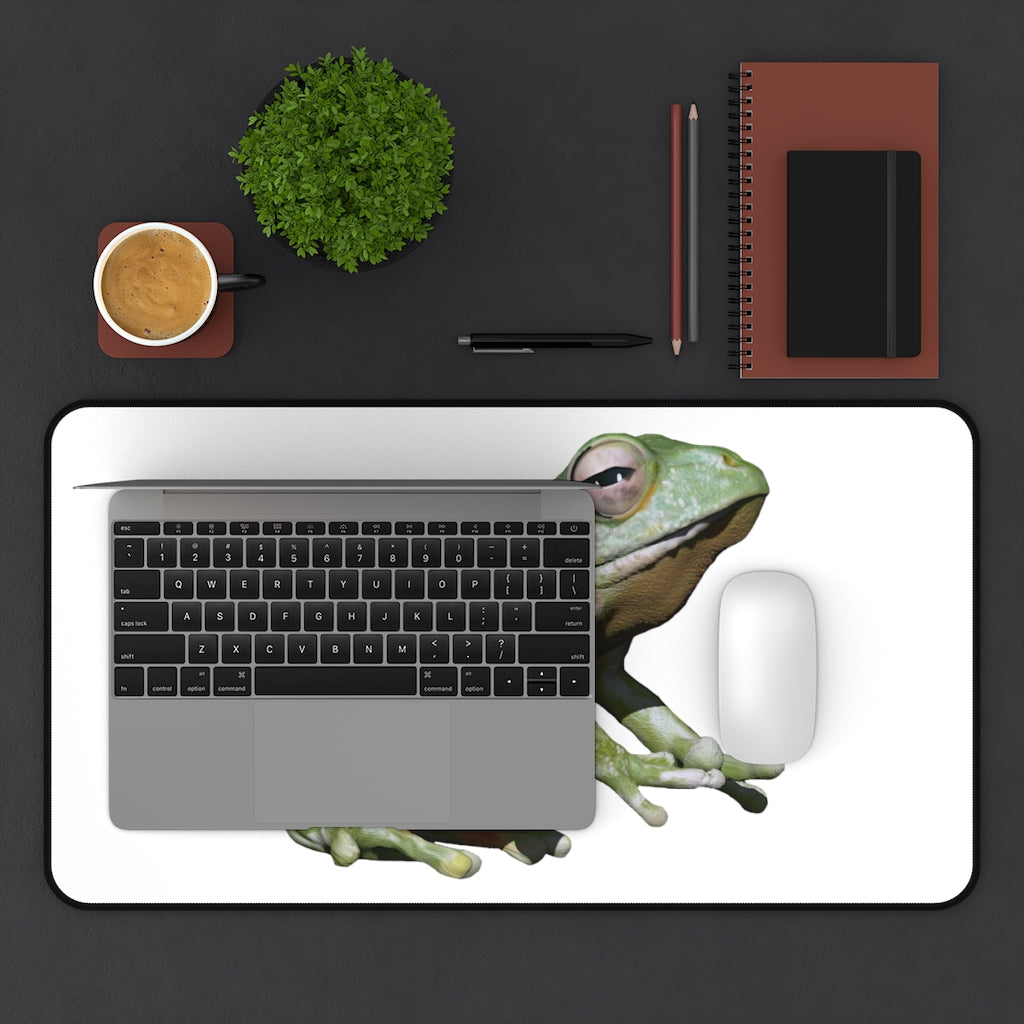 A vibrant Frog Desk Mat featuring a customizable design, made of durable neoprene with anti-slip backing, perfect for home or office use.