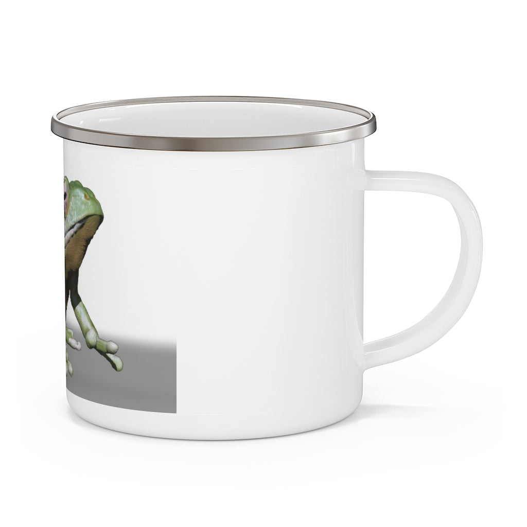 Frog Enamel Camping Mug with colorful design, perfect for outdoor use.