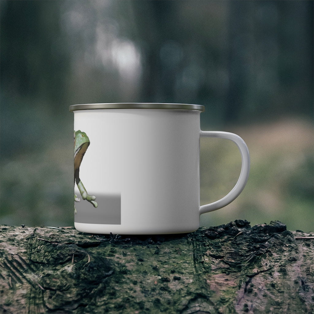 Frog Enamel Camping Mug with colorful design, perfect for outdoor use.