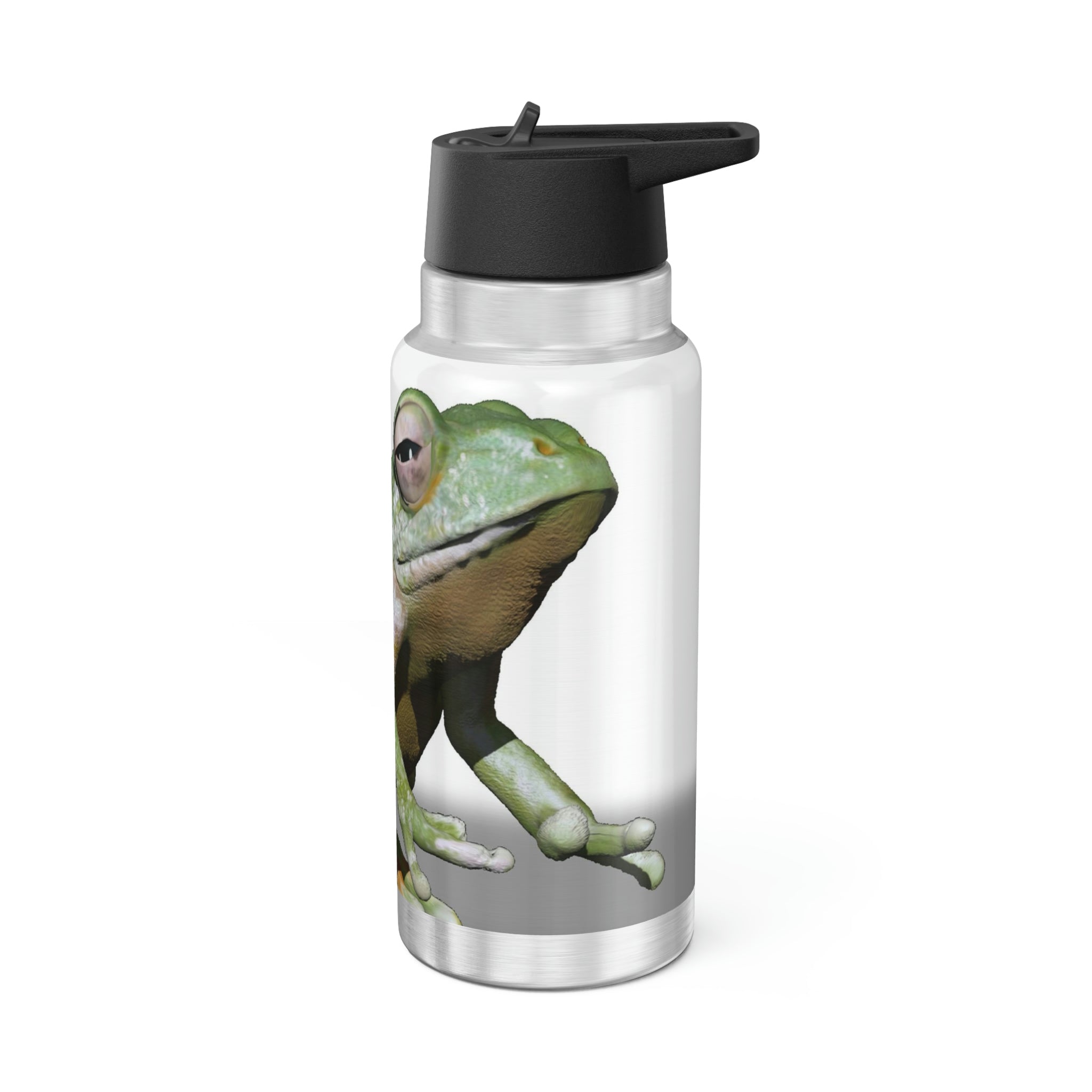 Frog Gator Tumbler in stainless steel with a black cap and straw, showcasing a customizable design.