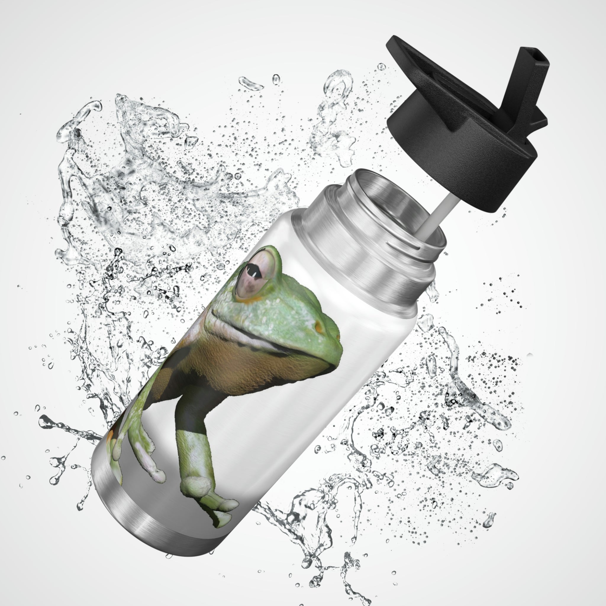 Frog Gator Tumbler in stainless steel with a black cap and straw, showcasing a customizable design.