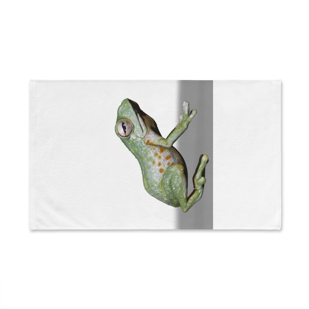 Frog Hand Towel featuring a vibrant frog design on a polyester front and soft cotton back, ideal for bathroom decor.