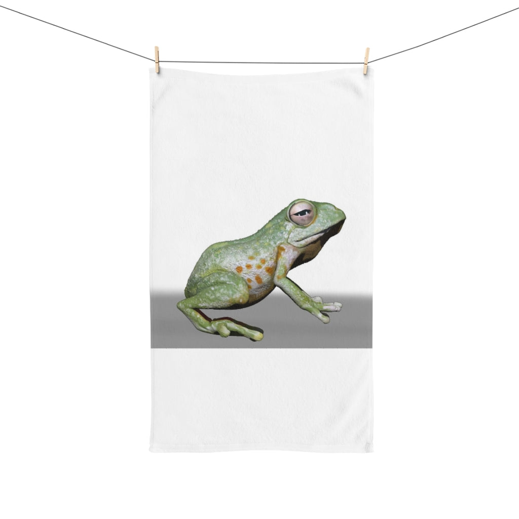 Frog Hand Towel featuring a vibrant frog design on a polyester front and soft cotton back, ideal for bathroom decor.