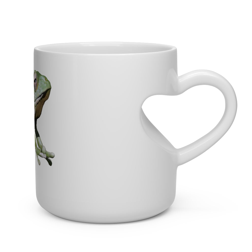 A white ceramic mug shaped like a heart with a heart-shaped handle, perfect for hot beverages.