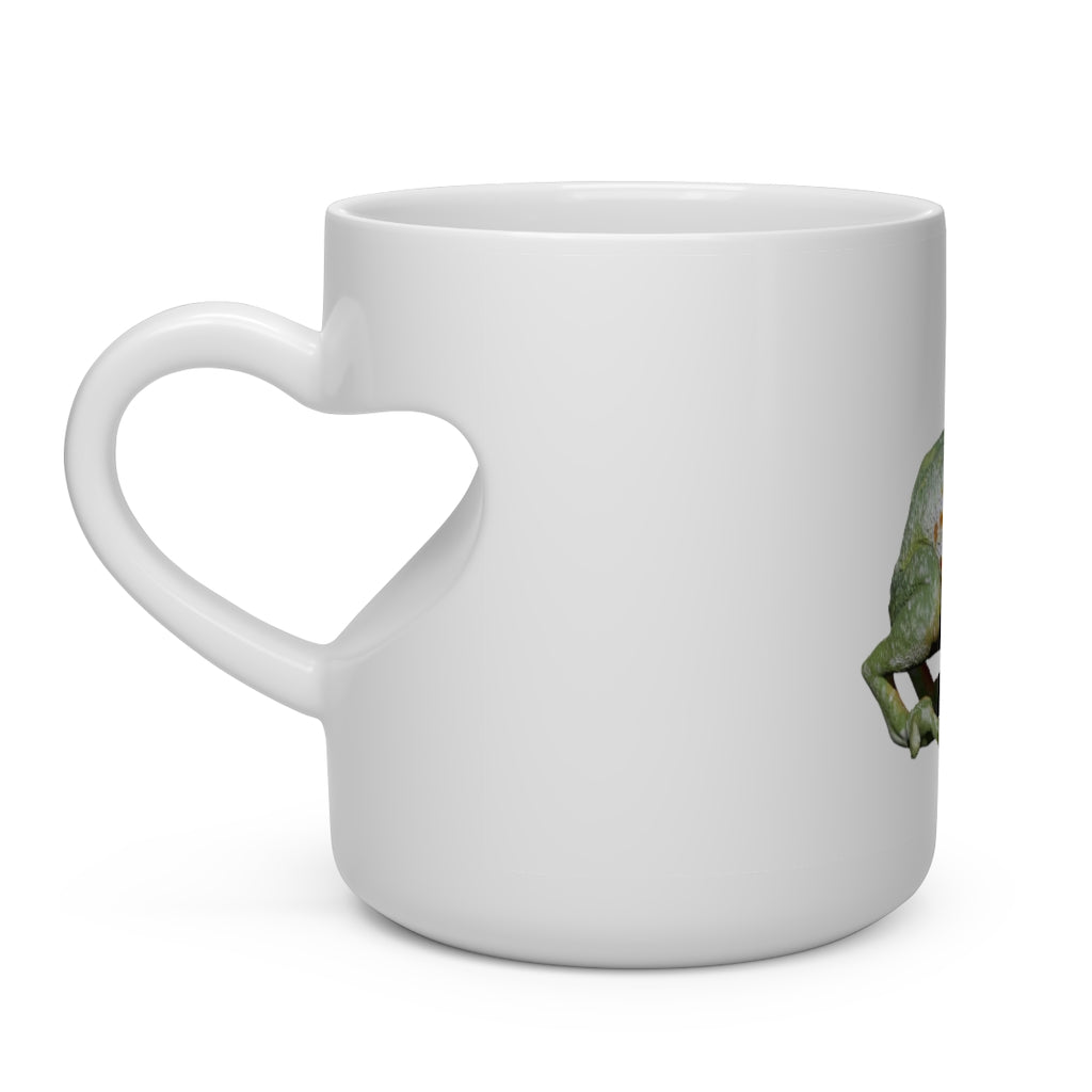 A white ceramic mug shaped like a heart with a heart-shaped handle, perfect for hot beverages.