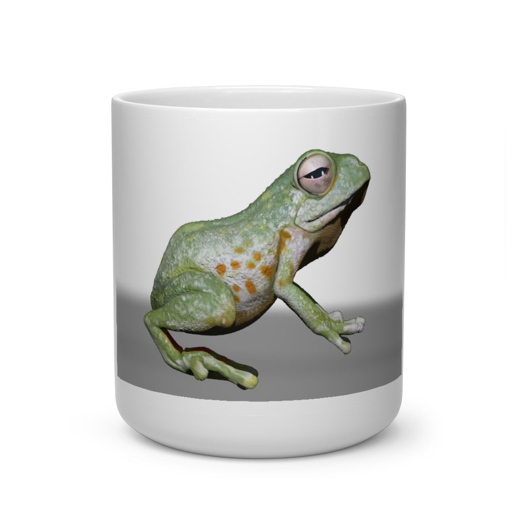 A white ceramic mug shaped like a heart with a frog design, featuring a heart-shaped handle, perfect for hot beverages.