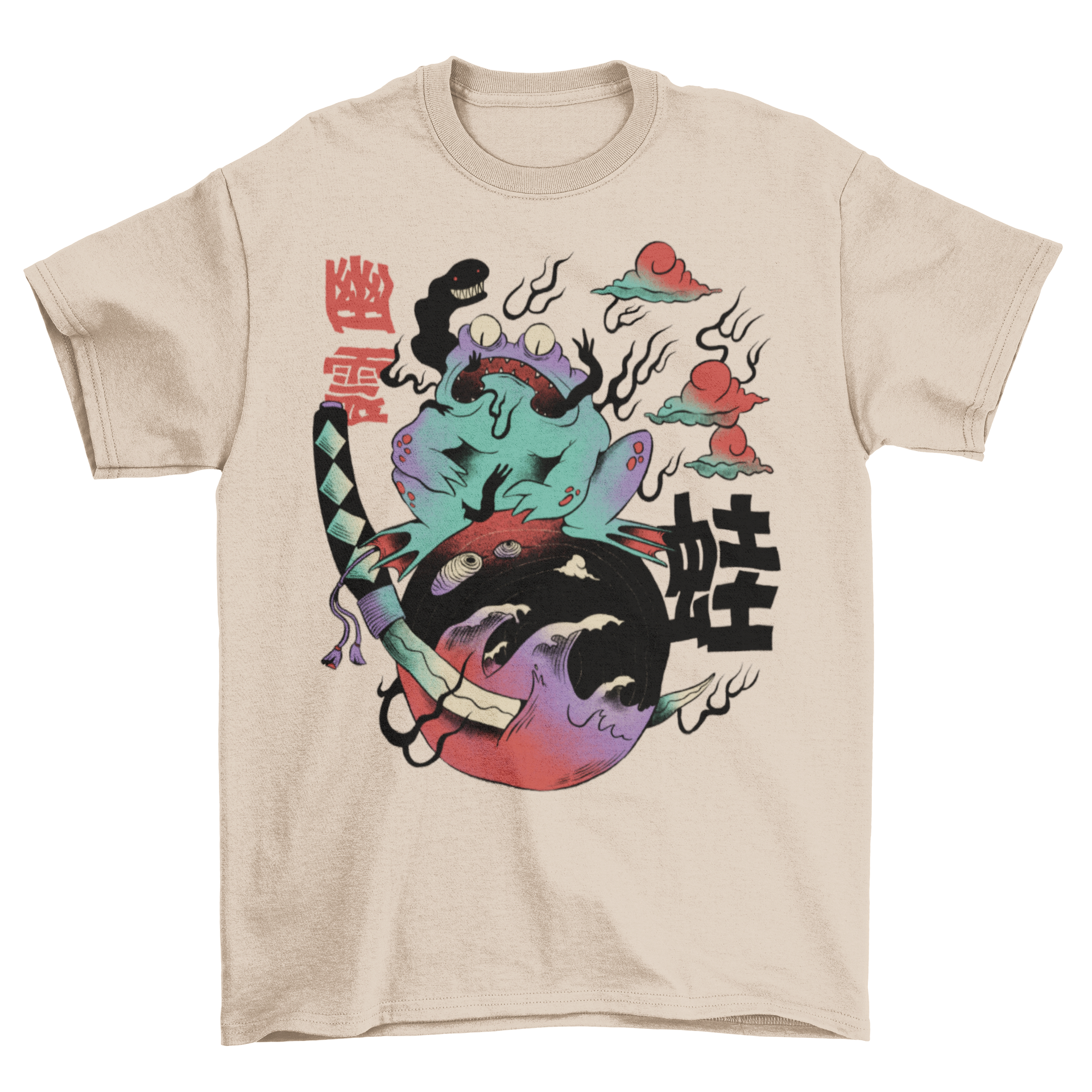 A vibrant Japanese psychedelic t-shirt featuring a detailed frog design with colorful bizarre elements and Japanese quotes.