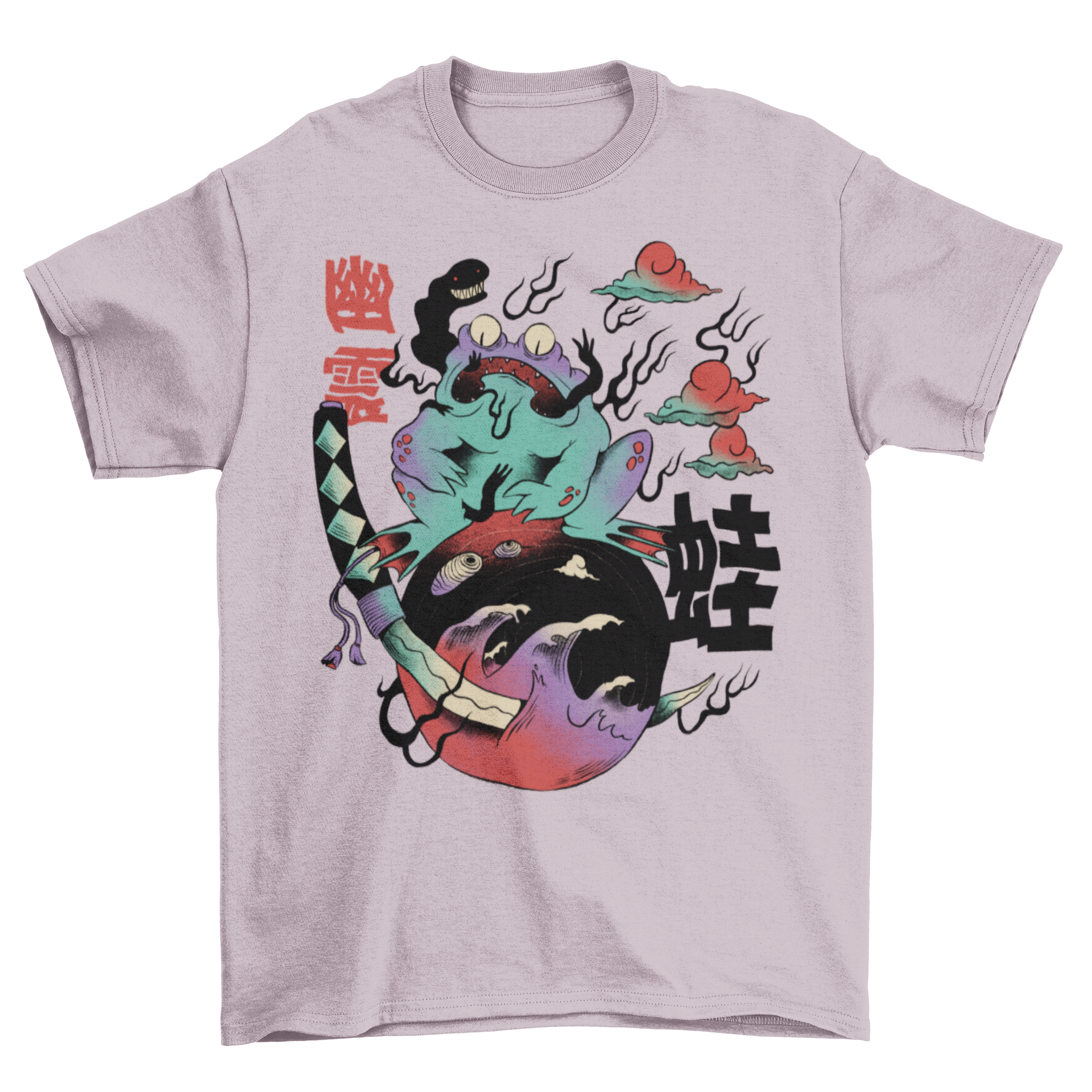 A vibrant Japanese psychedelic t-shirt featuring a detailed frog design with colorful bizarre elements and Japanese quotes.