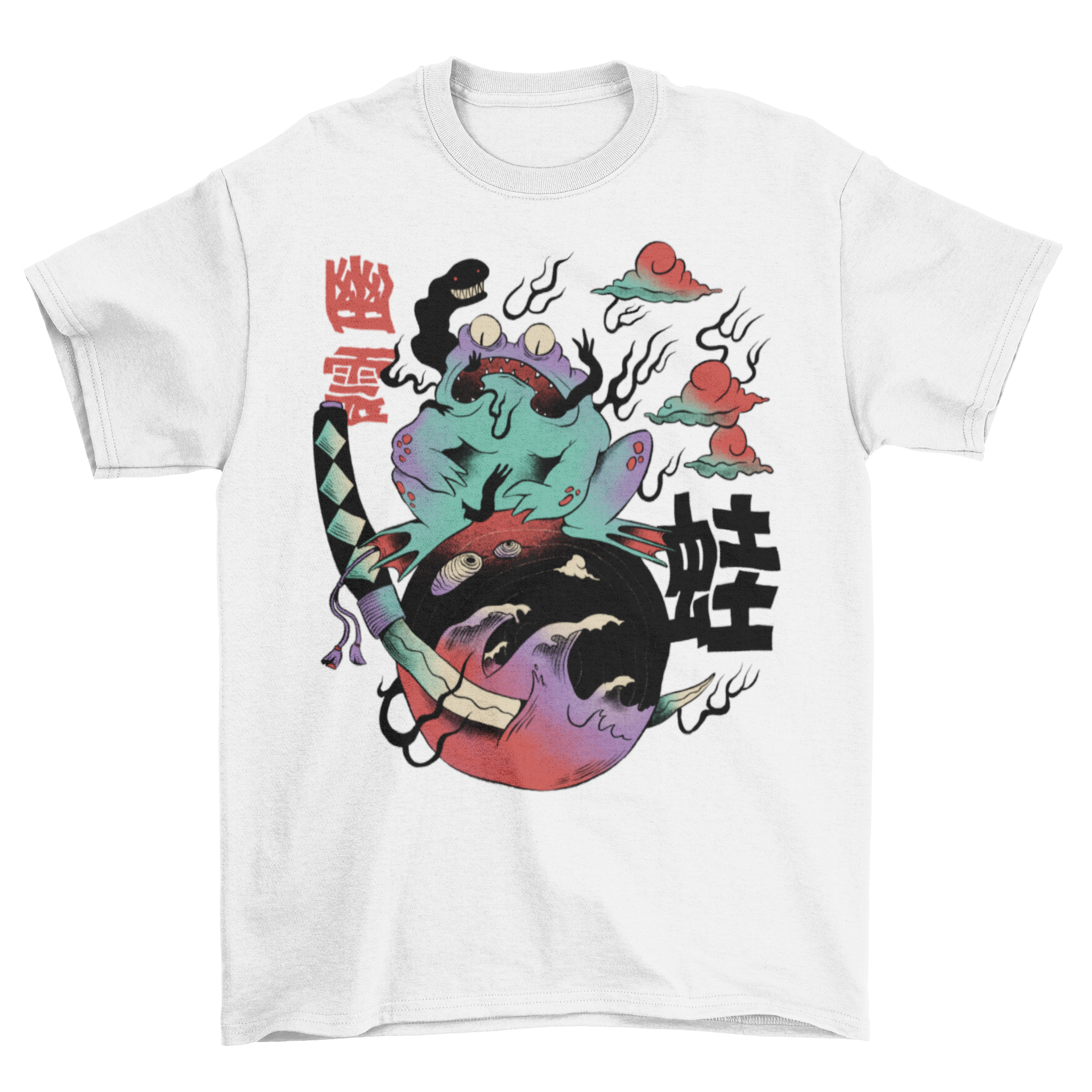 A vibrant Japanese psychedelic t-shirt featuring a detailed frog design with colorful bizarre elements and Japanese quotes.